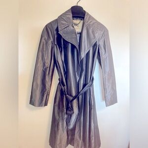 Ladies pewter gray Burberry trenchcoat.